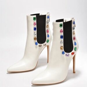 Cape Robbin White Ankle Boots with Colorful Gemstones